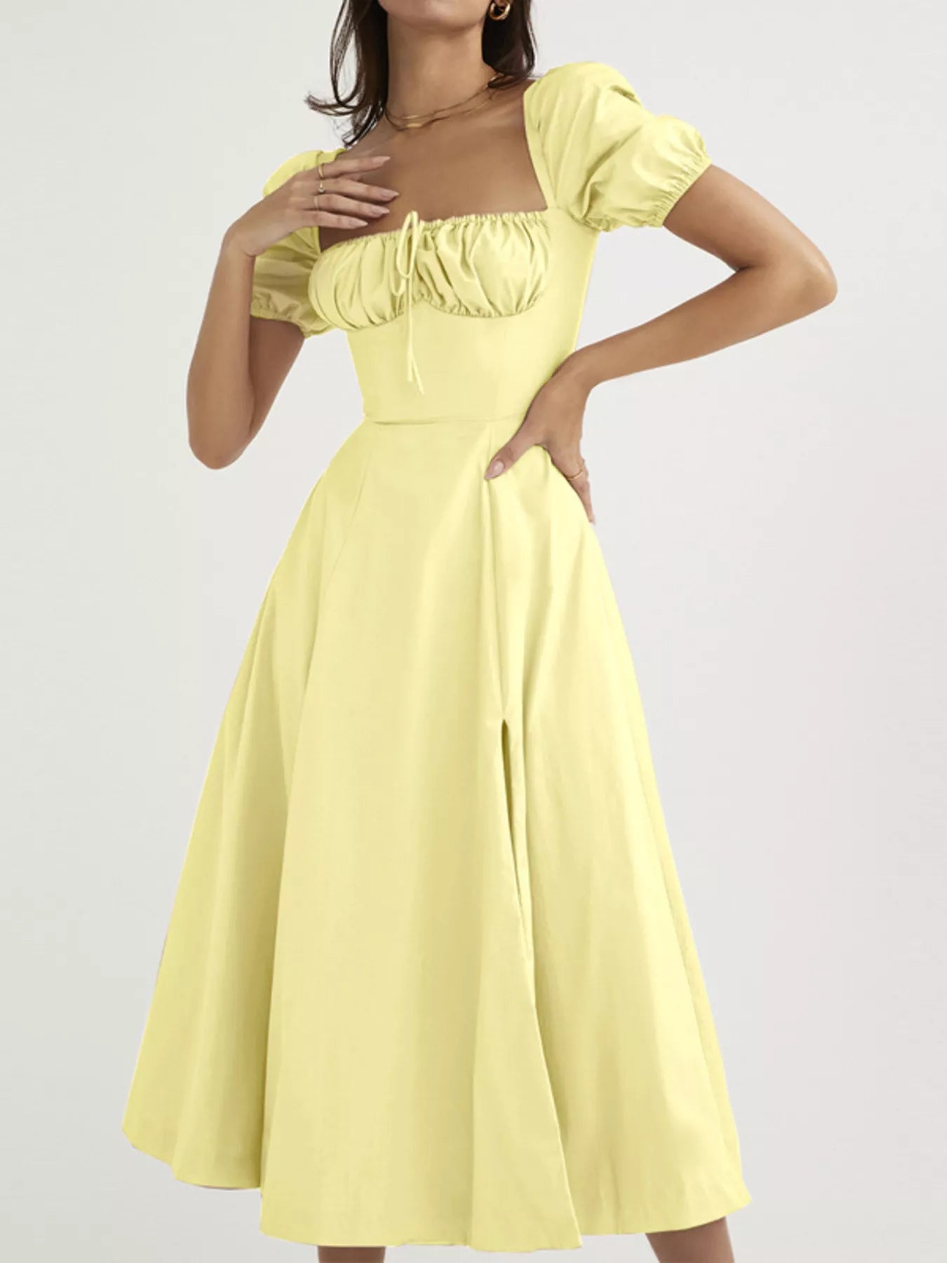 Puff Sleeve Tie Front Slit Midi Dress