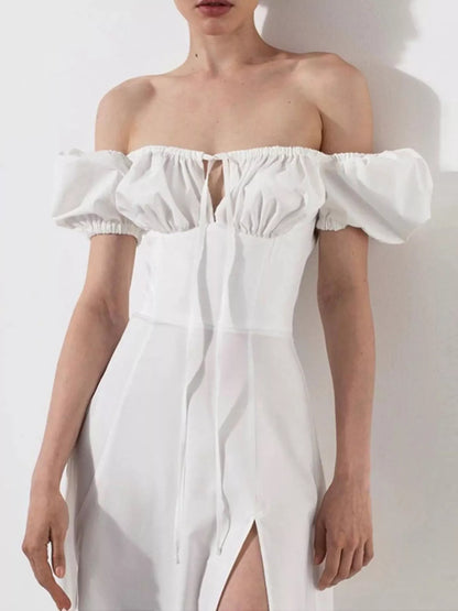 Puff Sleeve Tie Front Slit Midi Dress