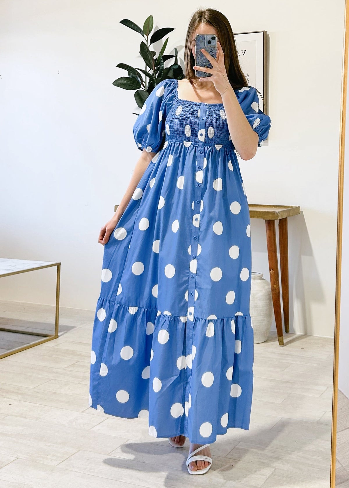 Puff Sleeve Polka Dot Maxi Dress