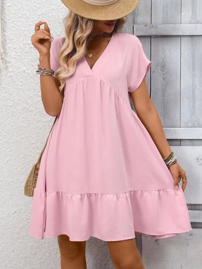 Casual V-Neck Ruffle Hem Mini Dress