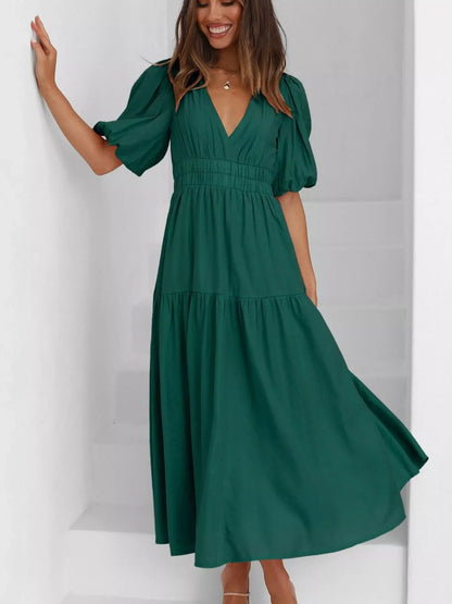 V-Neck Puff Sleeve Midi Dress