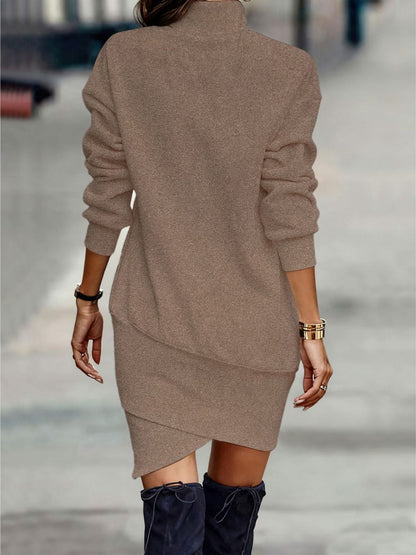 Turtleneck Long Sleeve Asymmetrical Hem Mini Dress