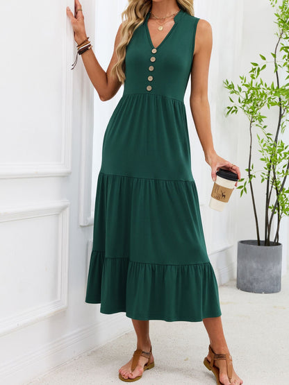 Sleeveless Notched Tiered Midi Dress