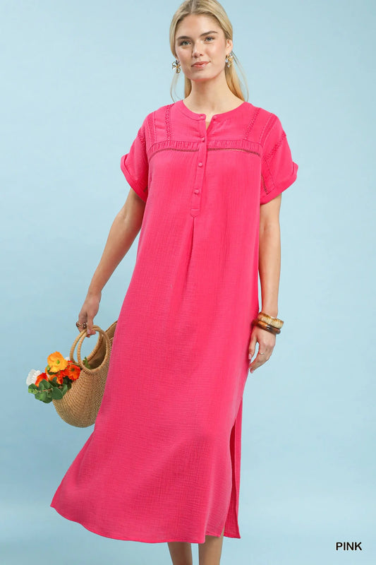 Umgee Button-Front Gauze Midi Dress with Lace Detail