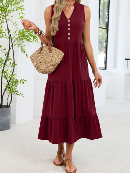 Sleeveless Notched Tiered Midi Dress