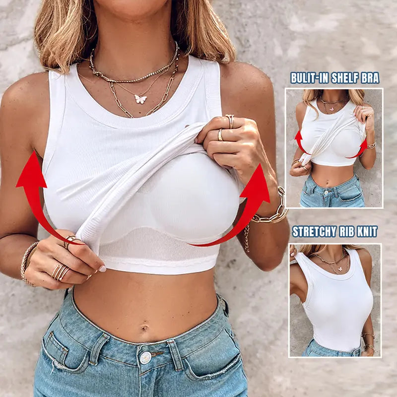 🍃Round Neck Built-in Bra Ribbed Tank Top