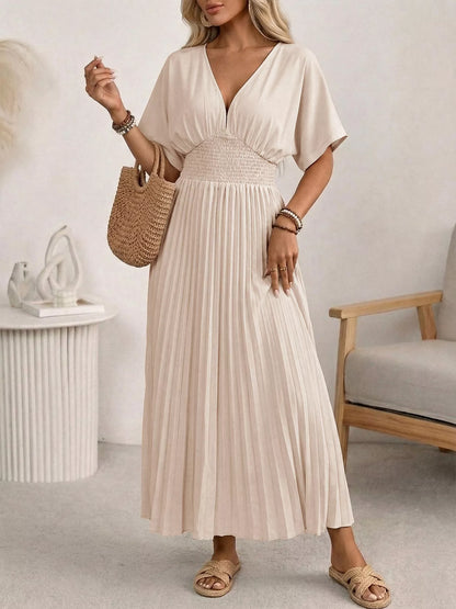 Pleated V-Neck Midi Dress