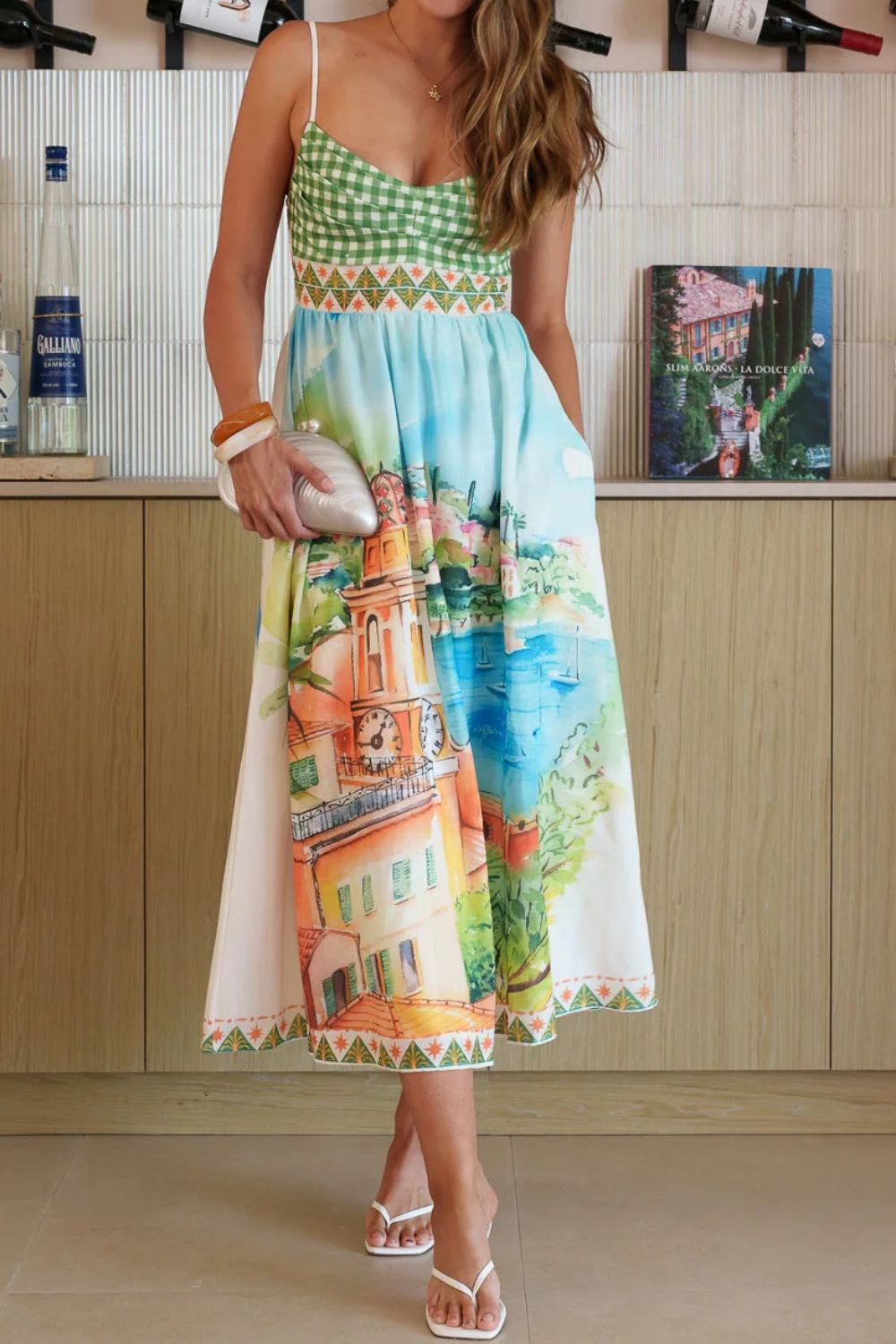 Gingham Bodice Scenic Print Midi Dress