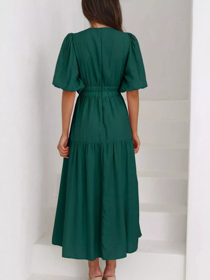 V-Neck Puff Sleeve Midi Dress