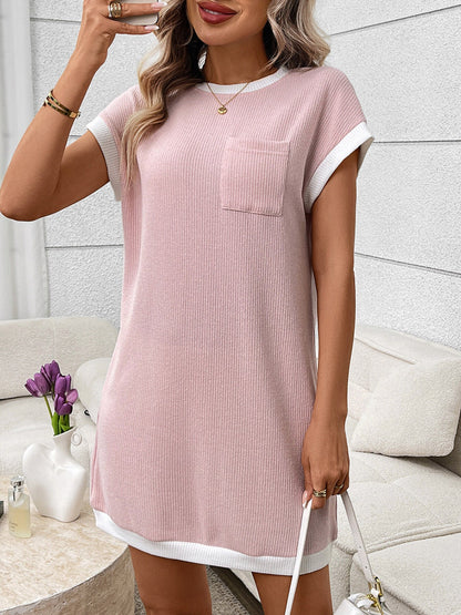 Contrast Trim Ribbed Knit Mini Dress with Pocket