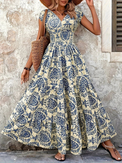 Printed Cap Sleeve Maxi Dress