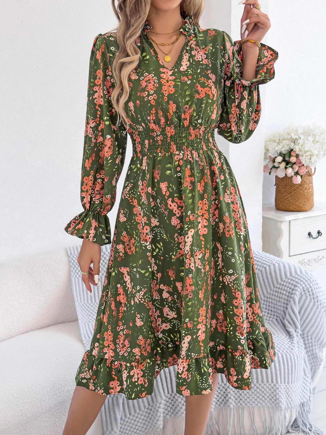 Floral Print Ruffle Hem Flounce Sleeve A-Line Dress
