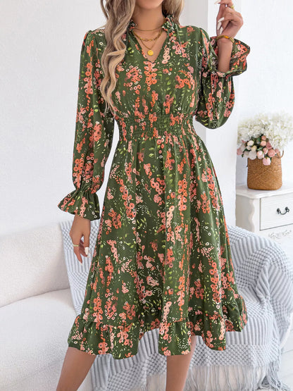 Floral Print Ruffle Hem Flounce Sleeve A-Line Dress