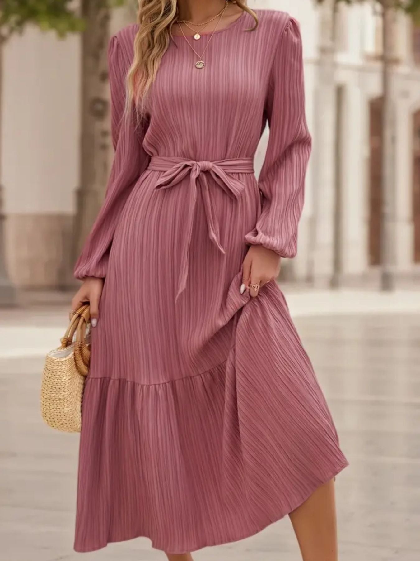 Tie Waist Tiered Midi Dress