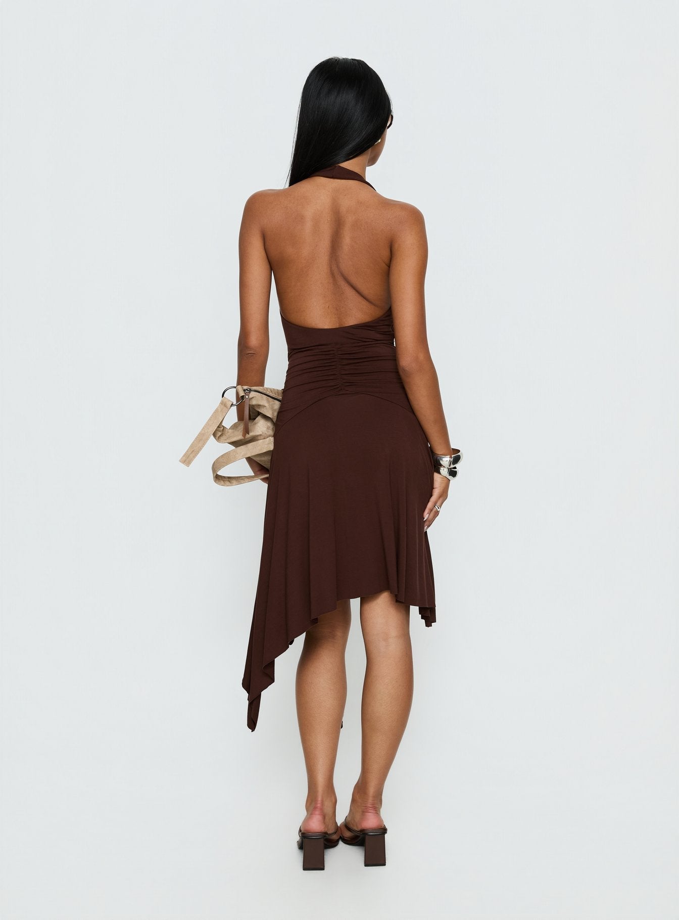 Moonlit Honey Asymmetrical Halter Jersey Midi Dress Chocolate