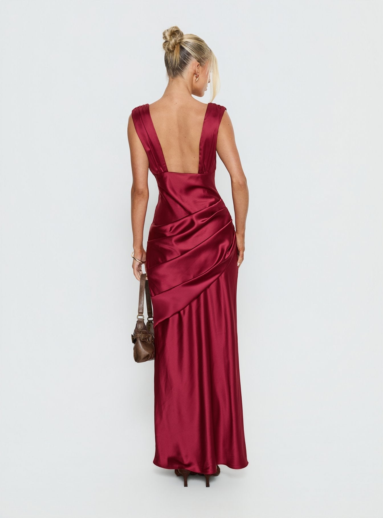 False Alarm Plunge Asymmetrical Pleat Maxi Dress Red