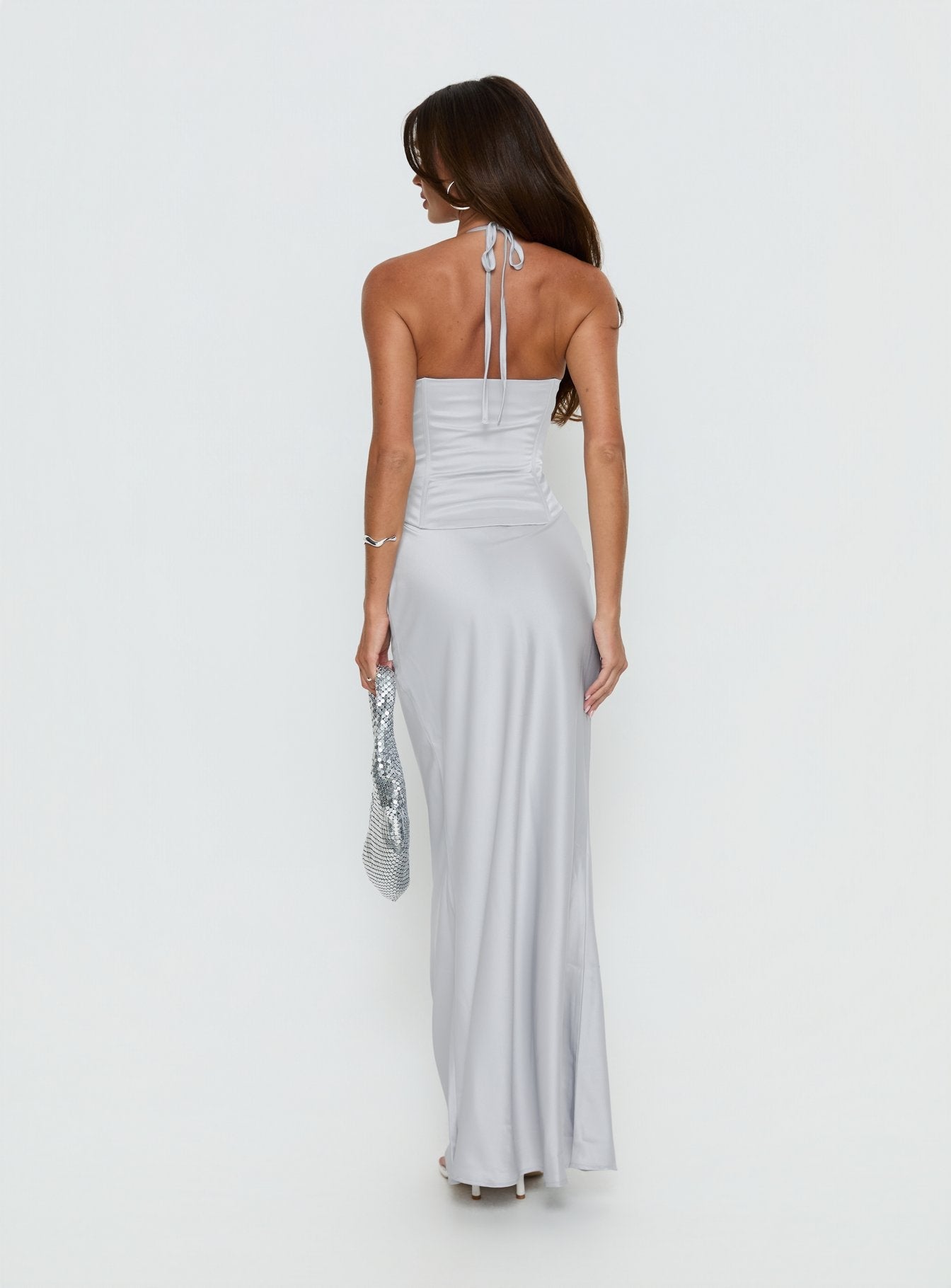 Devotedness Satin Corset Maxi Dress Silver