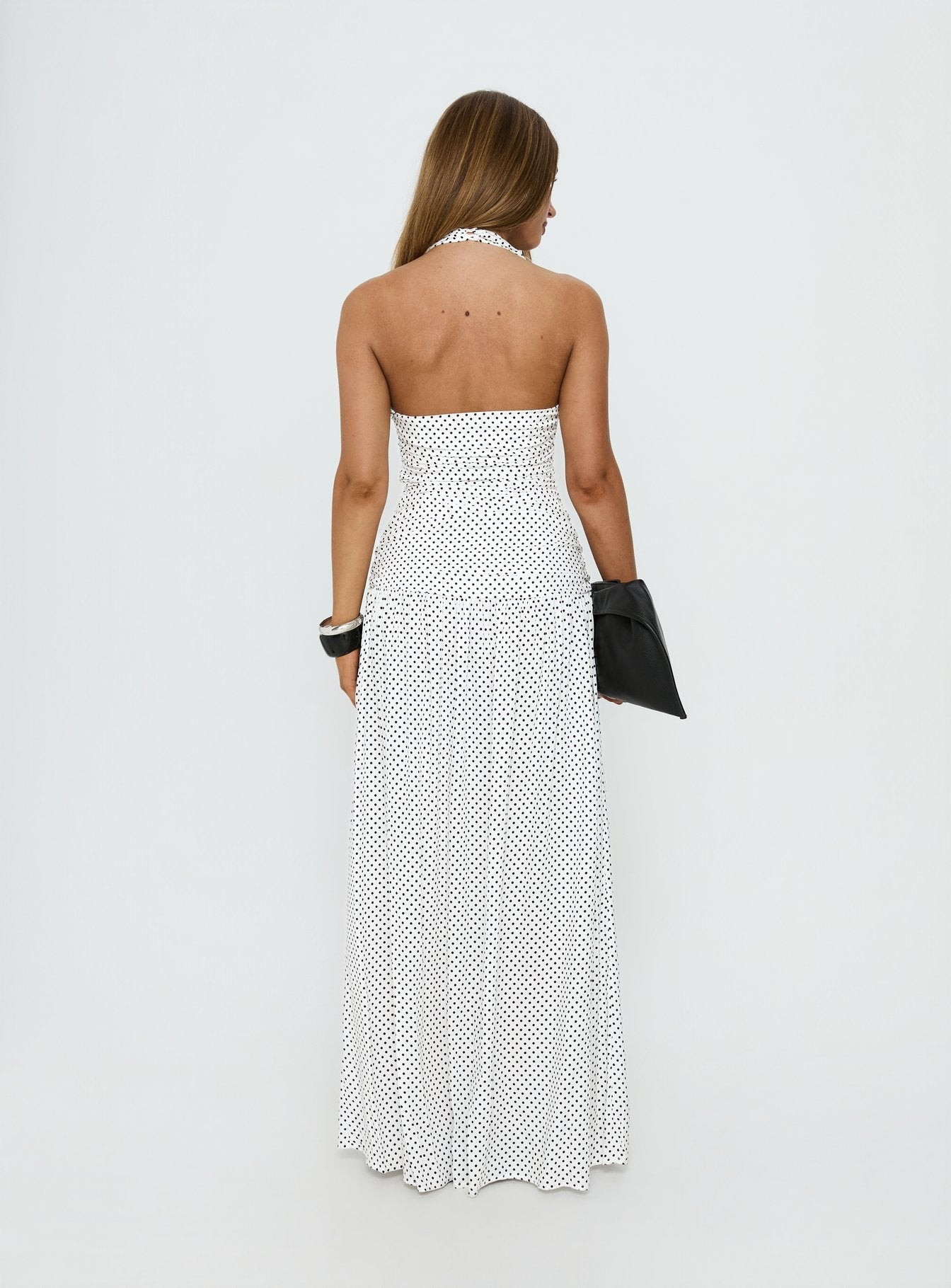 Millen Gathered Waist Halter Maxi Dress White Polka Dot