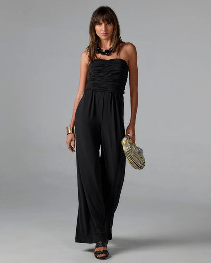 Strapless Ruched Wide Leg Knit Jumpsuit Black