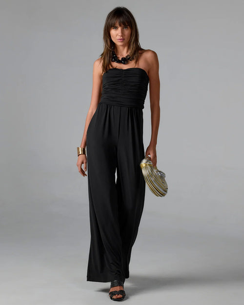 Strapless Ruched Wide Leg Knit Jumpsuit Black