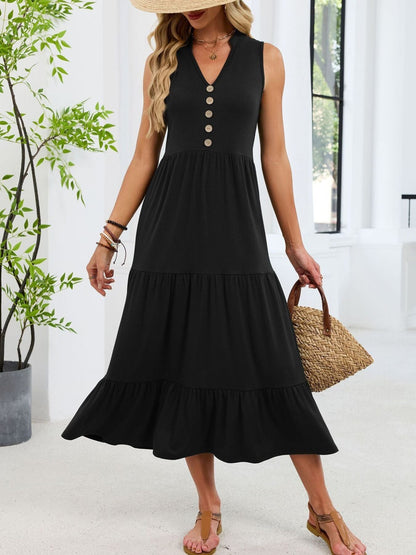 Sleeveless Notched Tiered Midi Dress