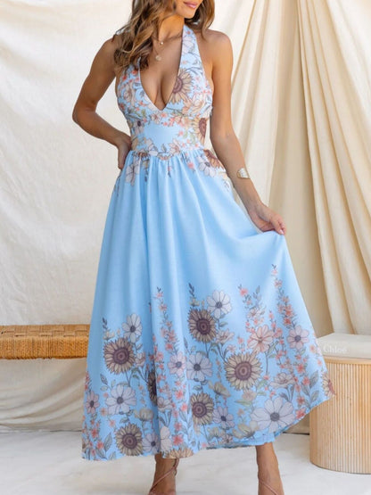 Floral Print Halter Neck Maxi Dress