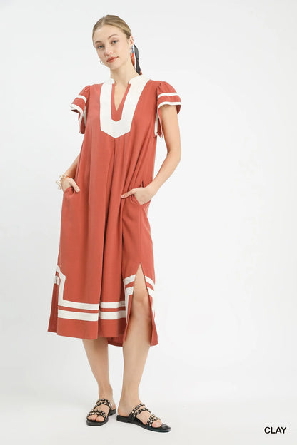 Umgee Linen Cotton Contrast Neckline Midi Dress