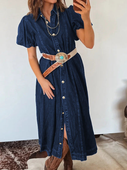 Belted Button-Down Midi Denim Dress