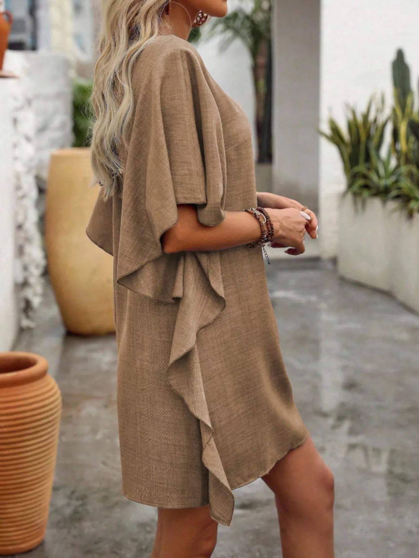 Flowy Sleeve V-Neck Casual Mini Dress