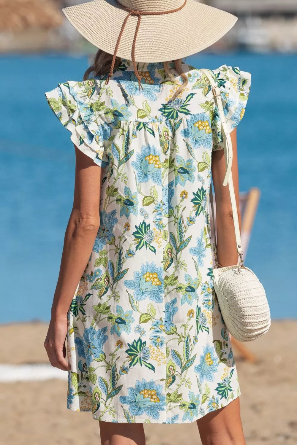 Floral Print V Neck Triple Ruffle Short Sleeve Shift Mini Dress