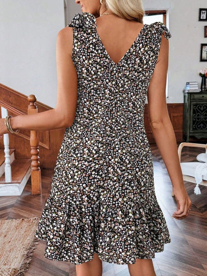 Floral Print Tie Strap Ruffle Hem Mini Dress
