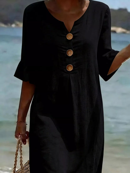 Full Size Button Decor Flounce Sleeve Dress Plus Size