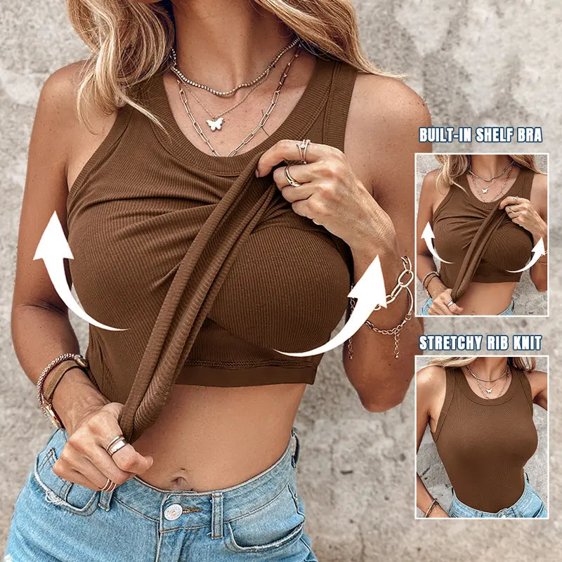 🍃Round Neck Built-in Bra Ribbed Tank Top