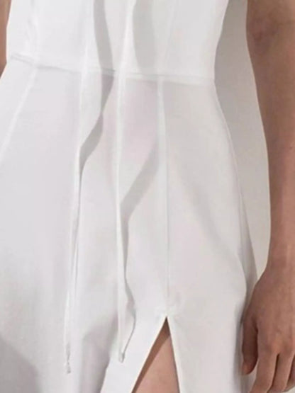 Puff Sleeve Tie Front Slit Midi Dress