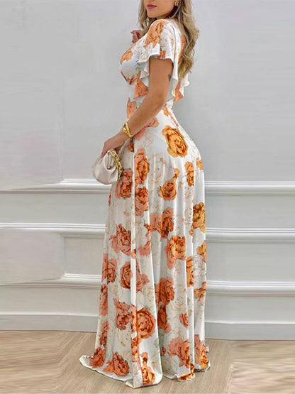 Floral Print V-Neck Ruffle Sleeve Maxi Dress