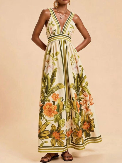 Tropical Print V-Neck Maxi Dress