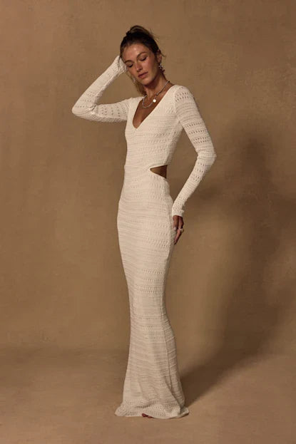 Shenoah White Crochet Cutout Long Sleeve Maxi Dress