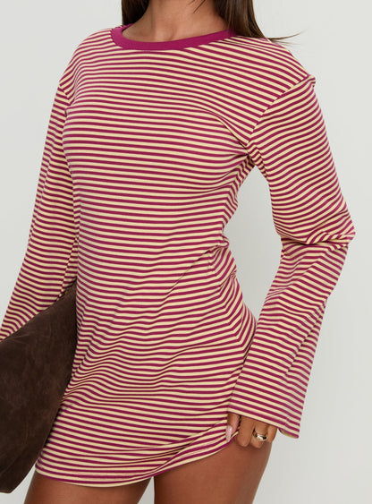 Lulolah Long Sleeve Mini Dress Lemon / Burgundy Stripe