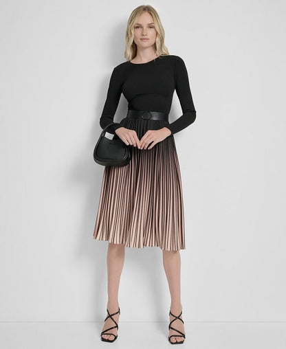 DKNY Women's Ombré Sunburst Pleat-Skirt Long-Sleeve Midi Dress