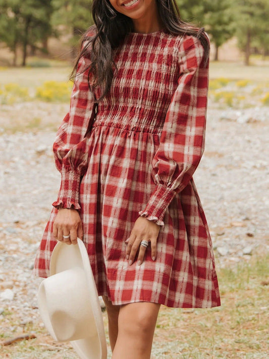 Plaid Print Smocked Puff Sleeve Mini Dress