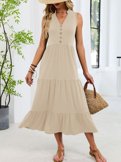 Sleeveless Notched Tiered Midi Dress