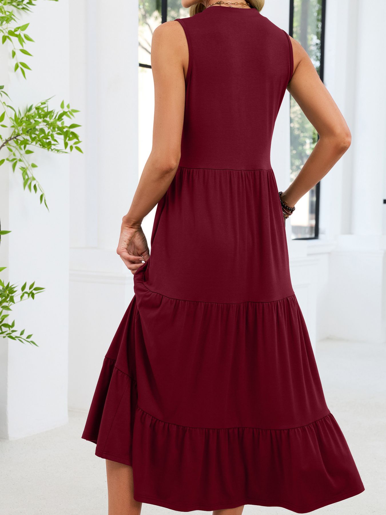 Sleeveless Notched Tiered Midi Dress