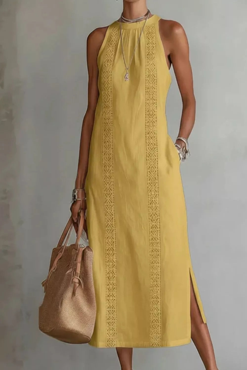 Sleeveless Side Slit Dress with Pockets