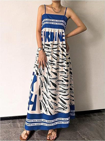 Sardine Print Spaghetti Strap Maxi Dress