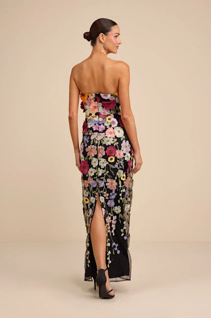 Macario Black Multi 3D Floral Embroidered Strapless Maxi Dress