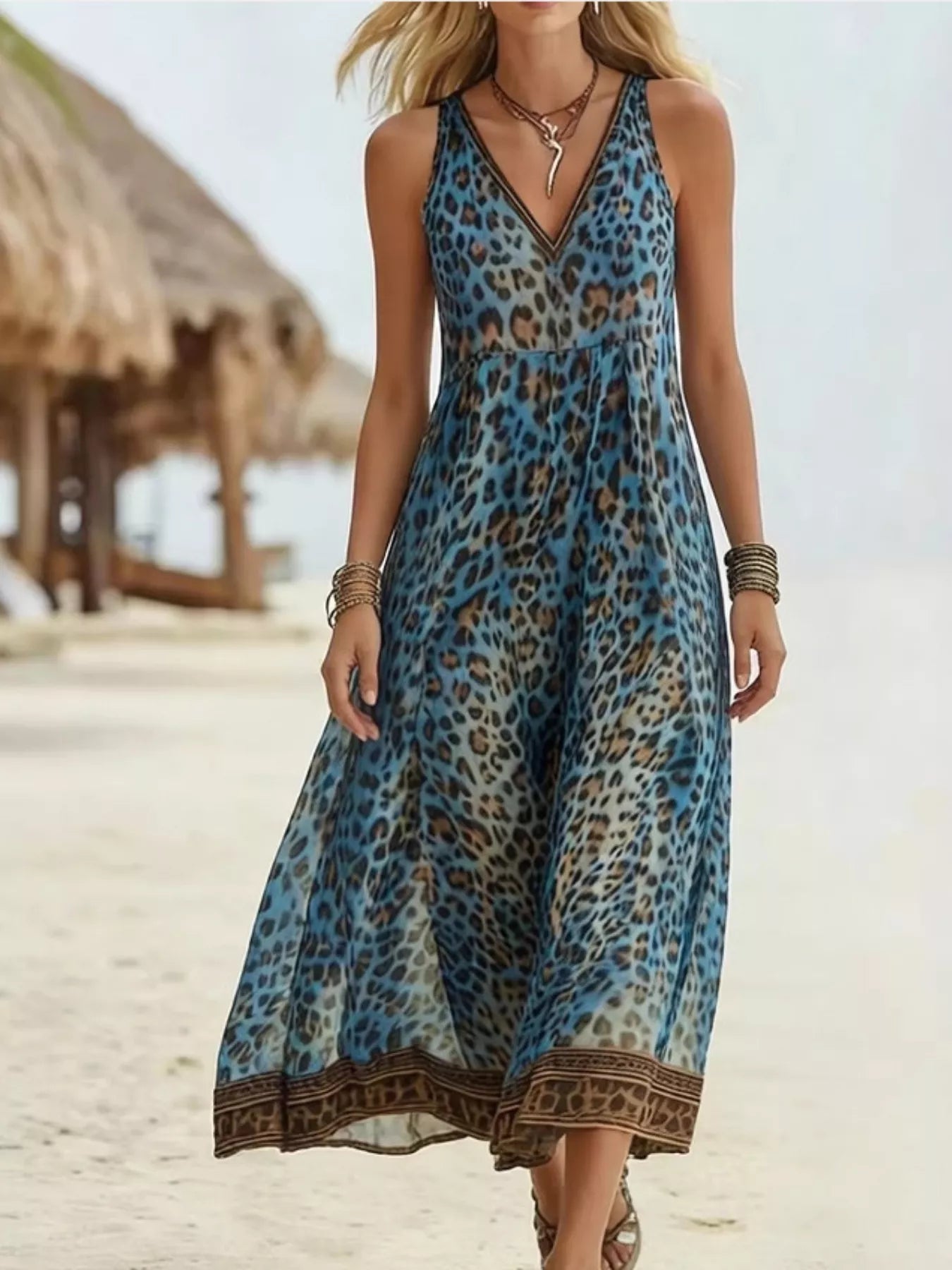 Leopard Print V-Neck Midi Dress
