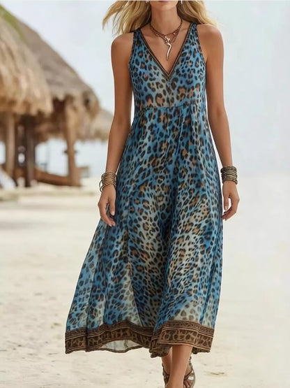 Leopard Print V-Neck Midi Dress