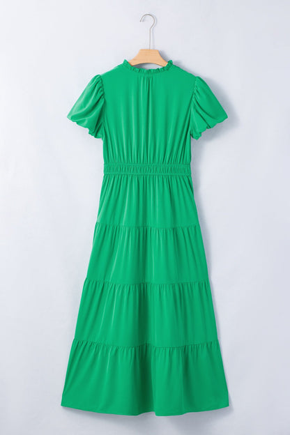 Elegant Ruffled Tiered Puff Sleeve Maxi Dress