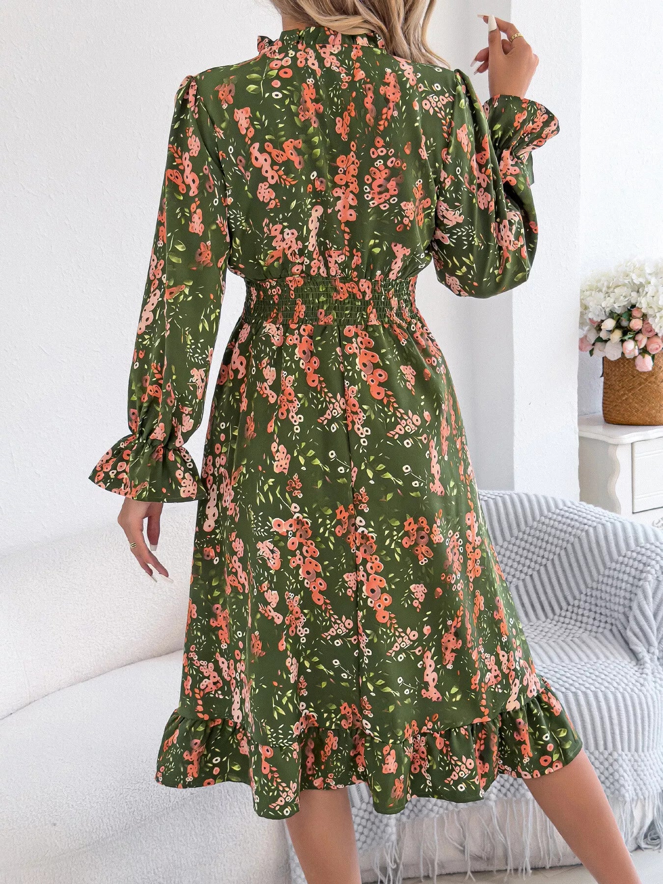 Floral Print Ruffle Hem Flounce Sleeve A-Line Dress