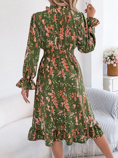 Floral Print Ruffle Hem Flounce Sleeve A-Line Dress